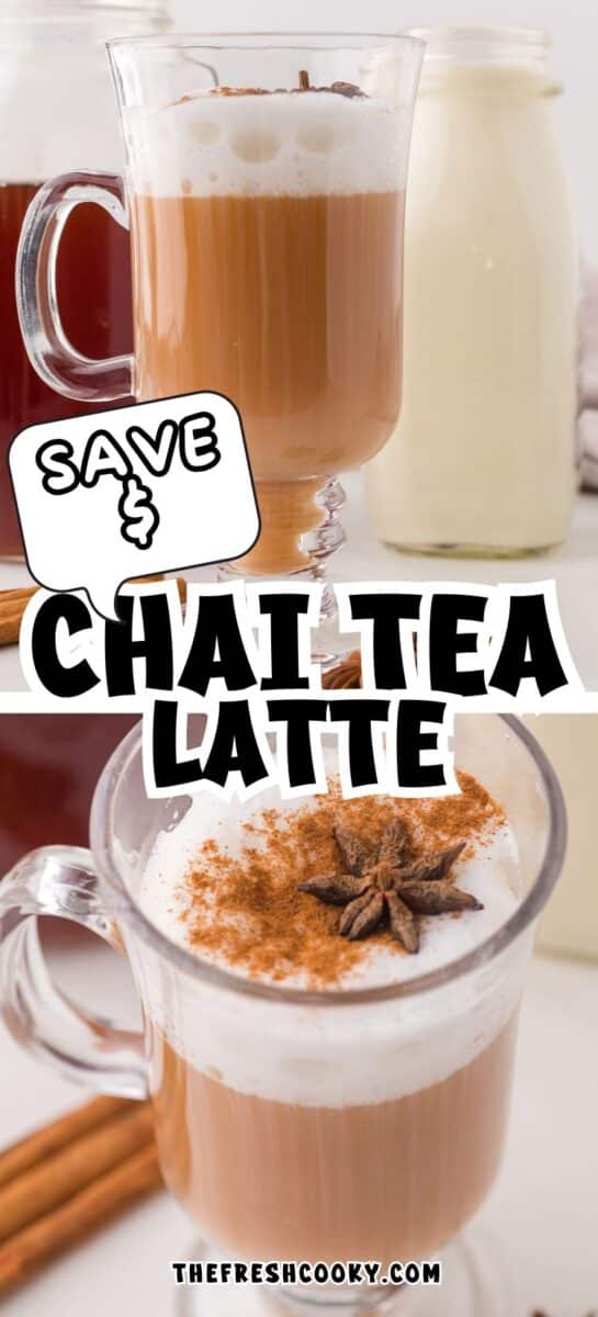 Creamy and frothy chai tea lattes in glass mugs, topped with ground cinnamon and star anise, hot chai tea lattes for pinning.