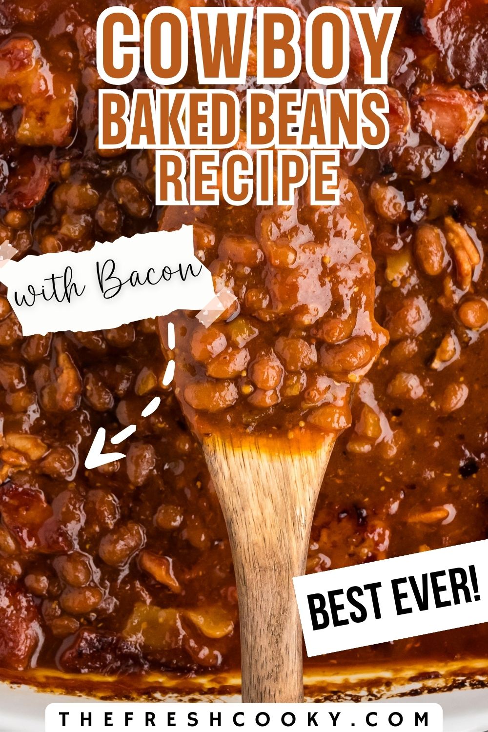 A wooden spoon scooping up a juicy, rich serving of cowboy baked beans - to pin.