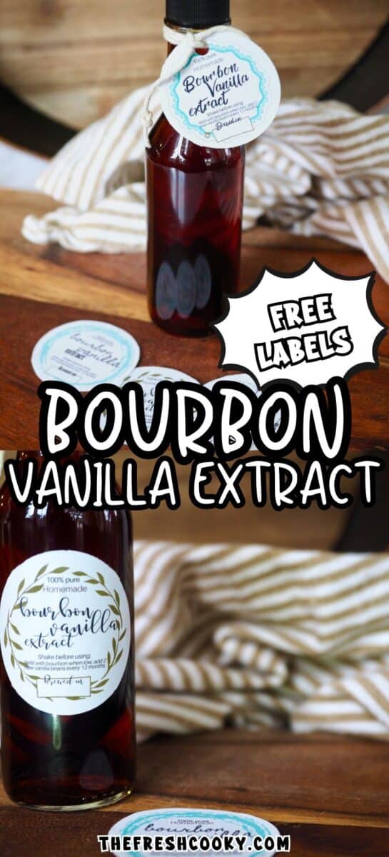 Bottles of bourbon vanilla extract on cutting board with free printable labels strewn about.