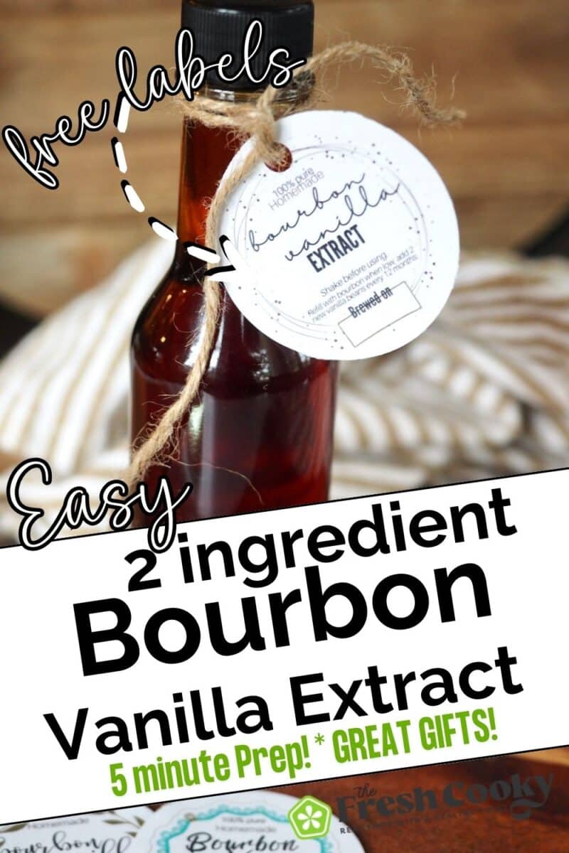 Bottle of dark liquid, bourbon vanilla extract with printable labels - to pin.