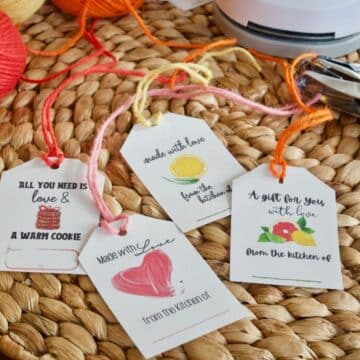 From the kitchen of free printable gift labels with hole punched and strings attached.