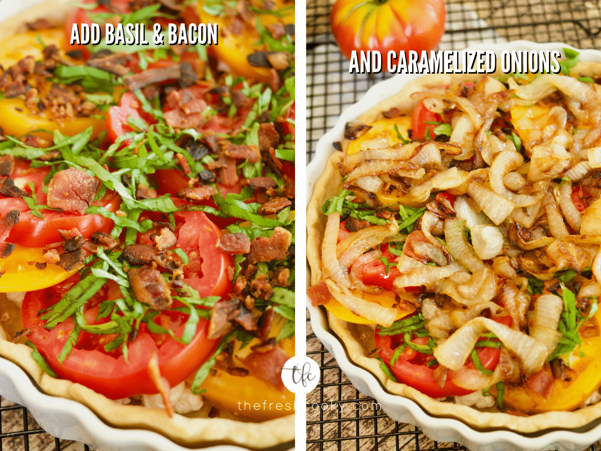 Process shots for heirloom tomato pie 1) fresh basil and bacon sprinkled on tomatoes 2) caramelized onions sprinkled on top of pie.