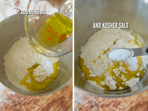 Pizza dough process shots adding olive oil to flour mixture and kosher salt.