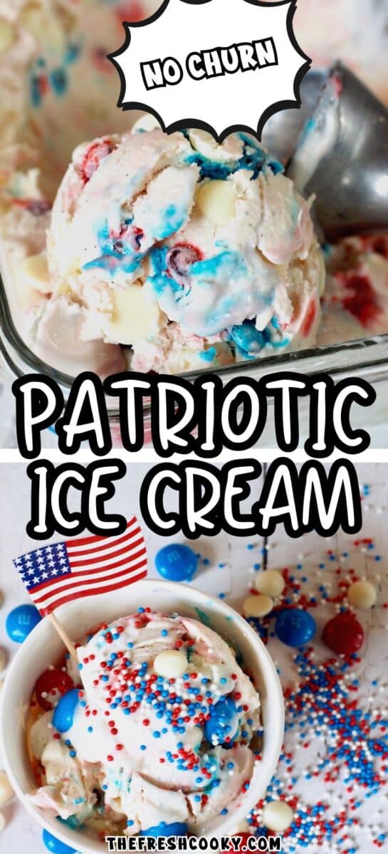 Scooping a red white and blue ice cream and ice cream in a flag cup with an American flag pick to pin.