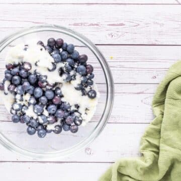 Sugar tops a bowl of fresh blueberries.