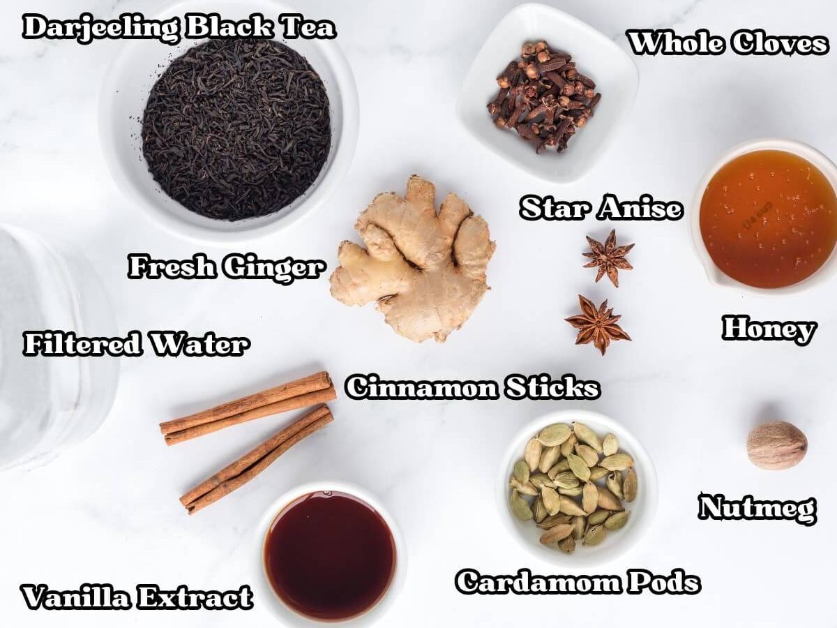 Labeled ingredients for chai concentrate.