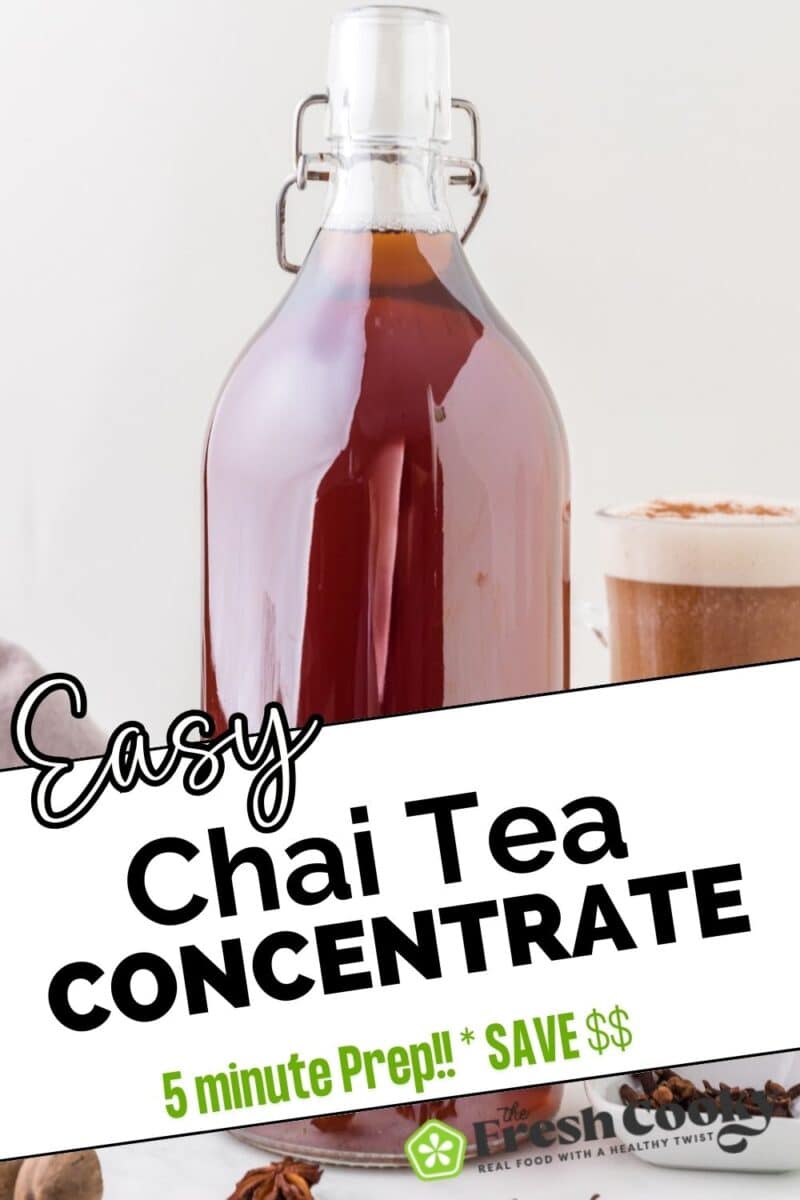 Large bottle filled with chai concentrate for chai tea lattes, to pin.