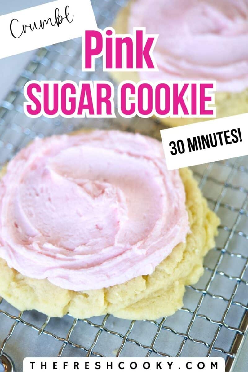 A thick and chewy sugar cookie frosted with a swirl of pink icing to pin.