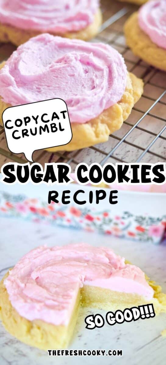 Frosted Pink sugar cookies on a cooling rack and bottom cookie has a piece removed, to pin.