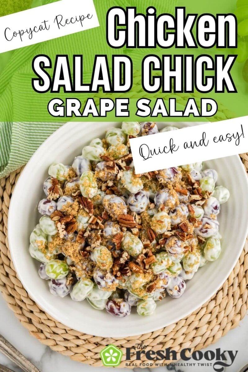 Southern grape salad in a white bowl for serving, to pin.