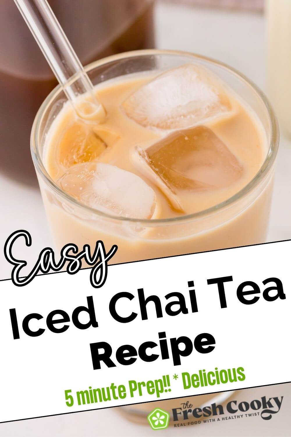 A full glass of chai tea latte with ice shows the straw pointing to the top left, to pin.