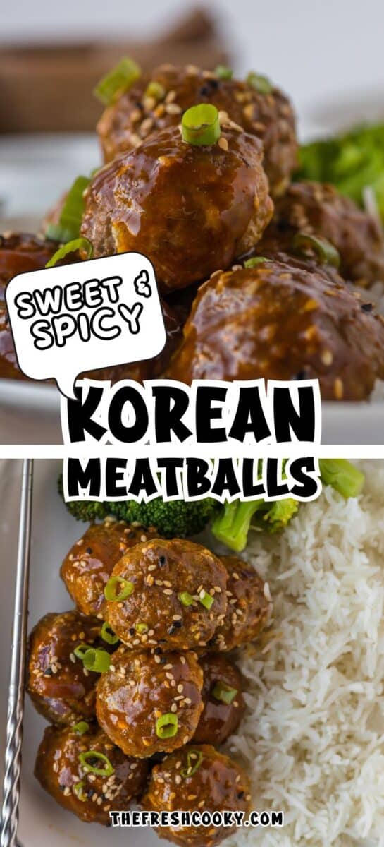 Close up of bowl stacked with sticky Korean BBQ meatballs and meatballs served as a meal with white rice and steamed broccoli, for pinning.