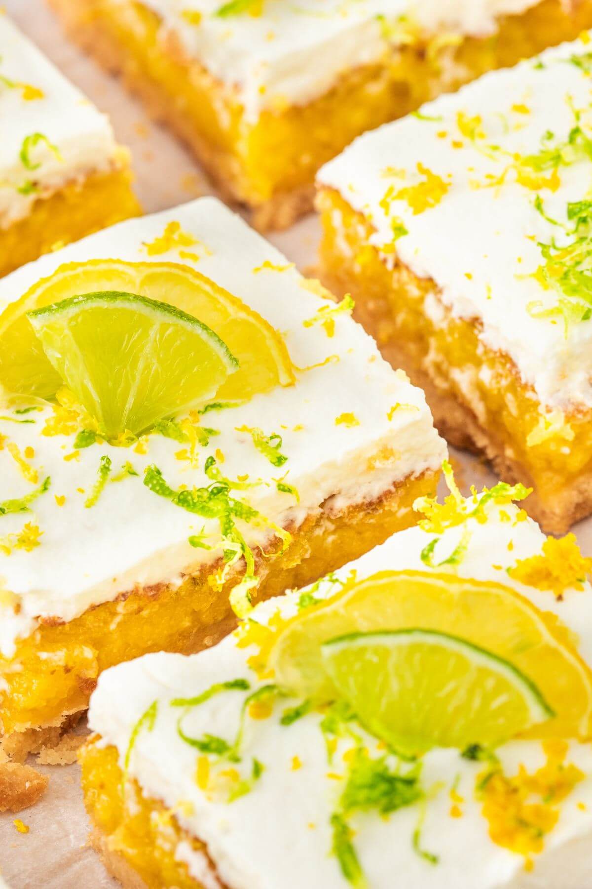 Lime and lemon thin slices and festive zest top white iced dessert squares.