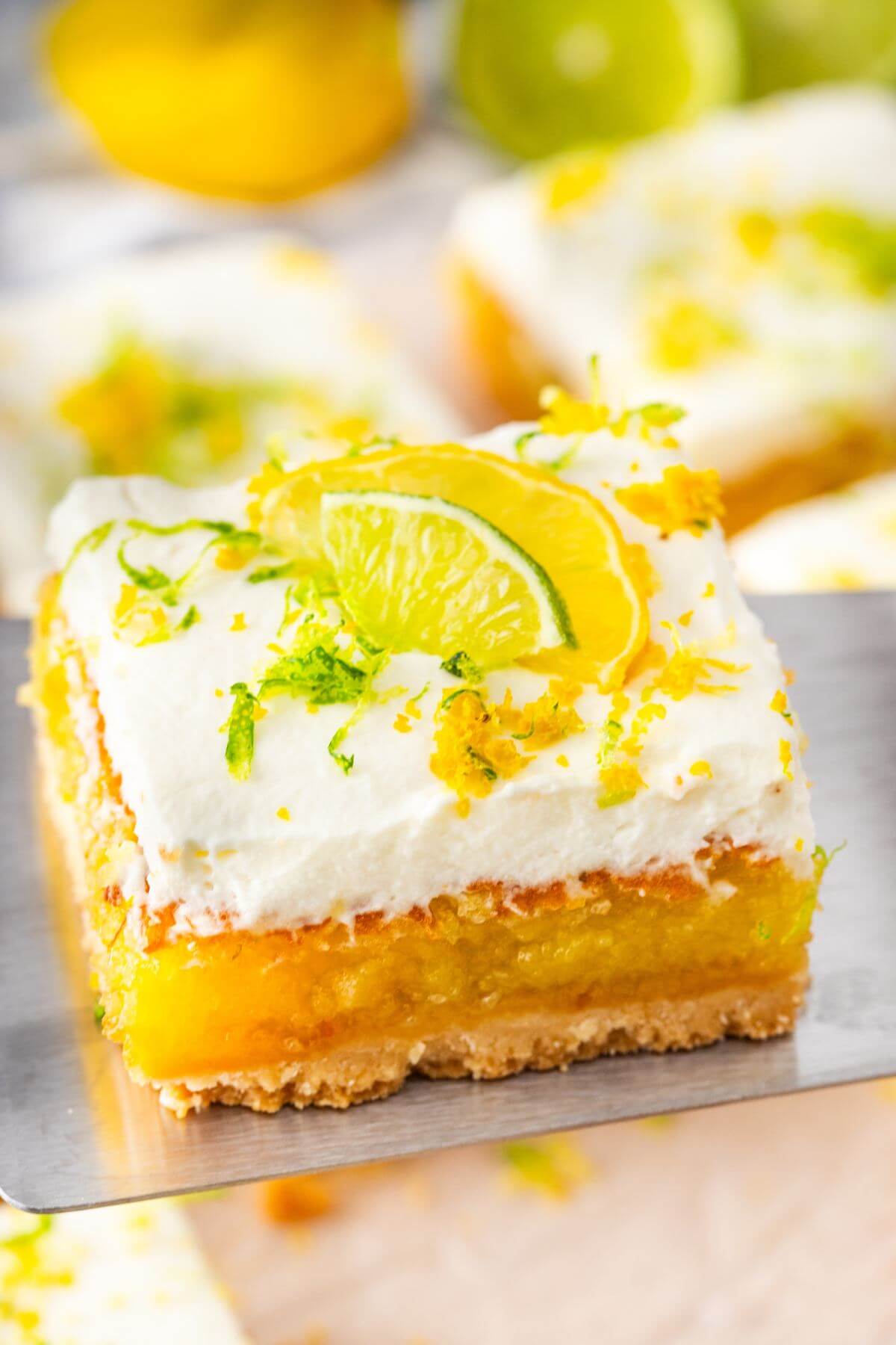 Lime and lemon slices and zest top a yellow and white dessert bar.