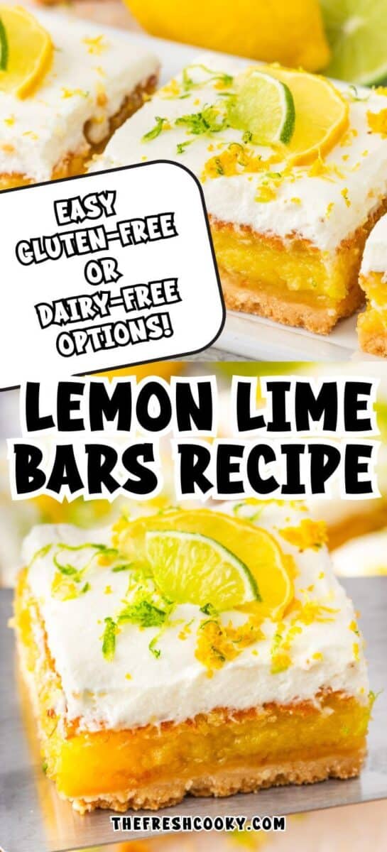Yellow dessert bars have white whipped topping and yellow and green slices and zest of lemons and limes, to pin.